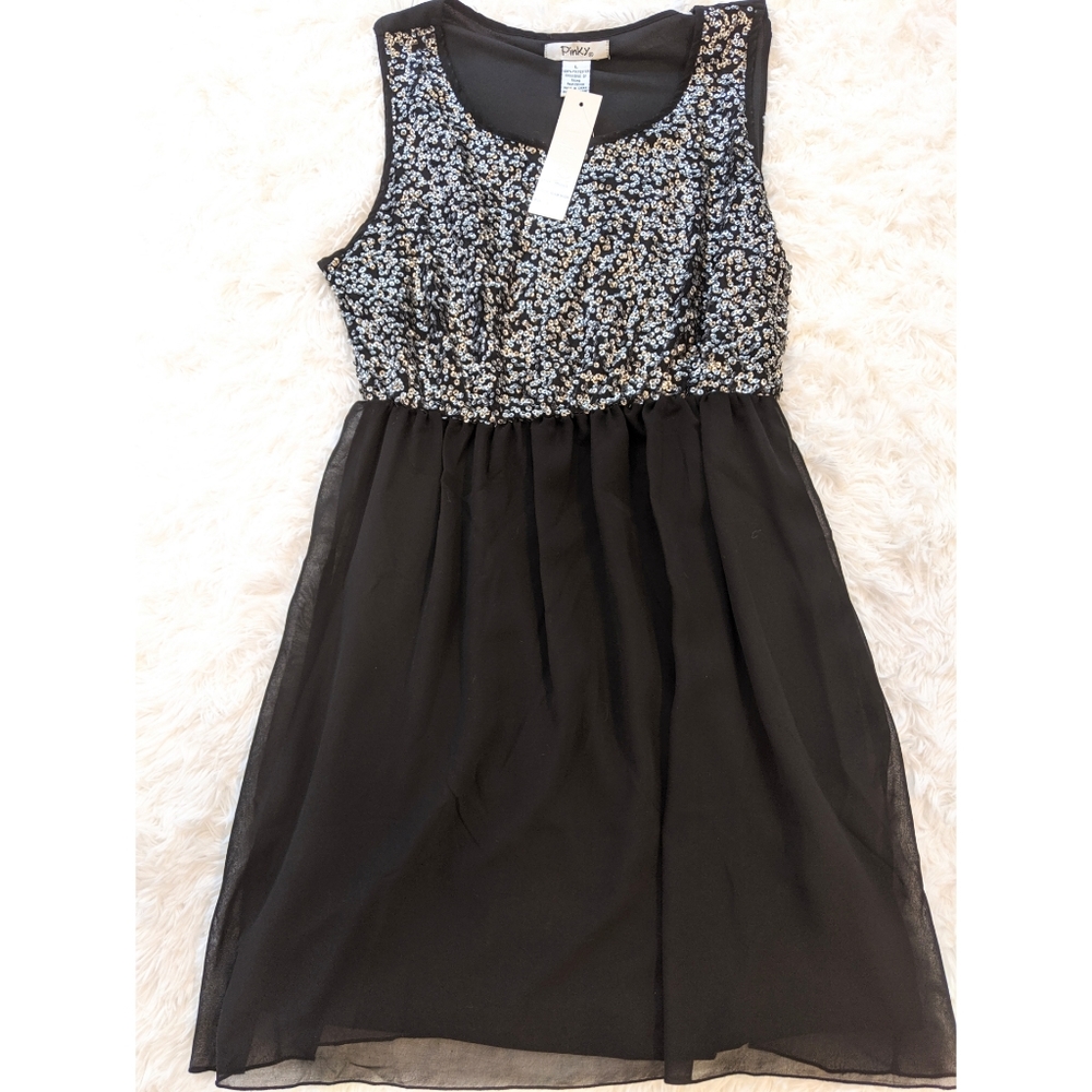 NWT Pinky Large Sparkly Sequin Black Dress Stretch